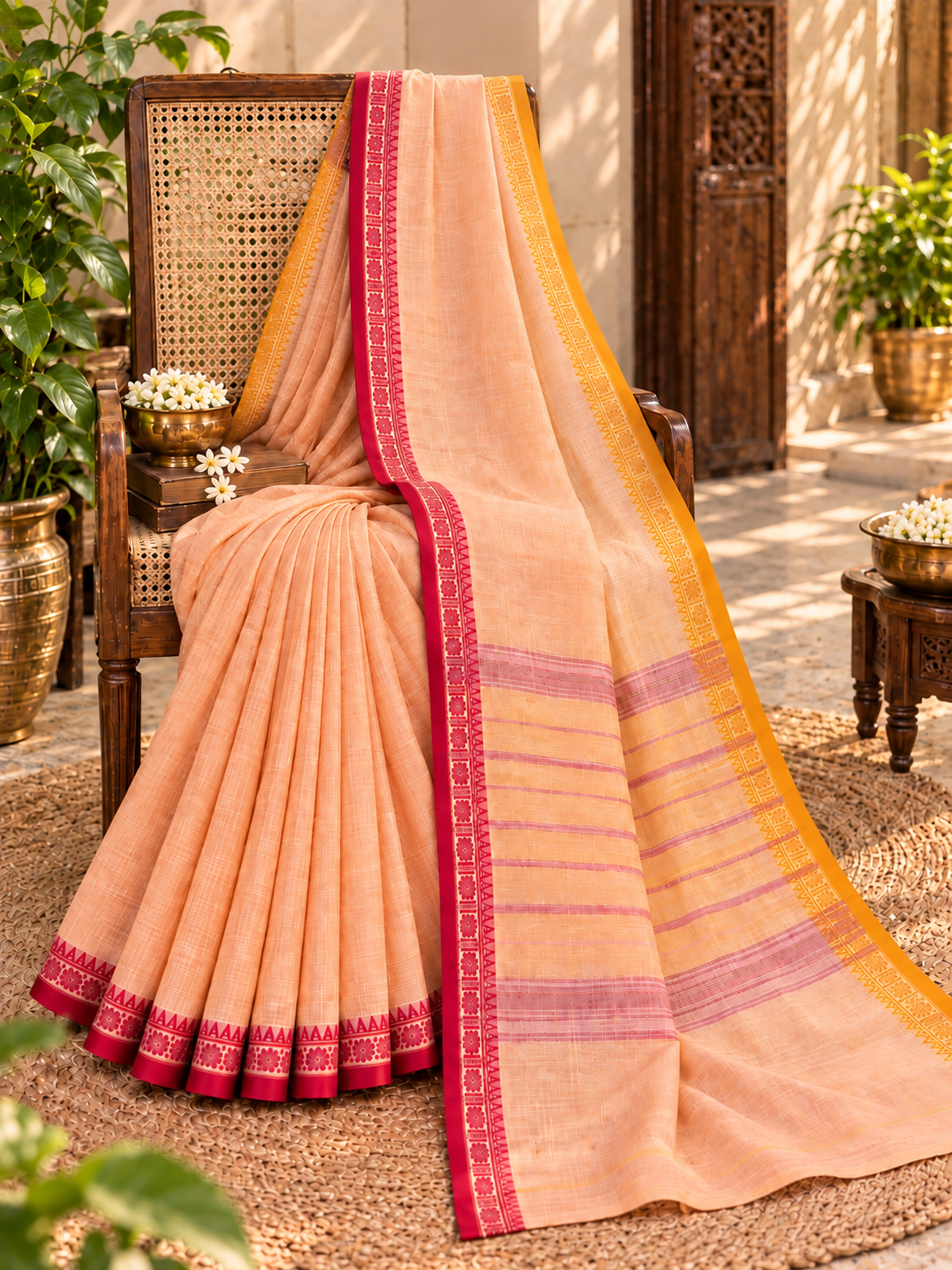 Peach Pure Cotton Dhonekhali Saree with Red & yellow Woven Border