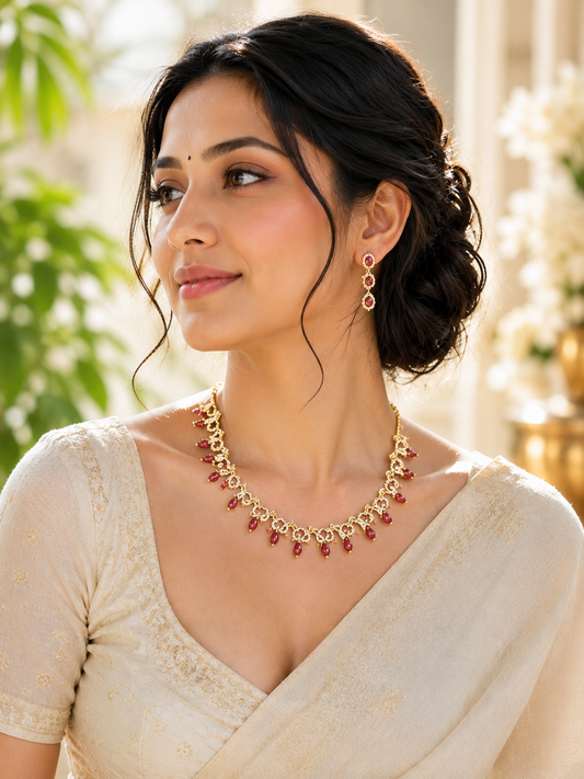 Gold-Tone Ruby Red Teardrop Stone Necklace Set with Matching Drop Earrings