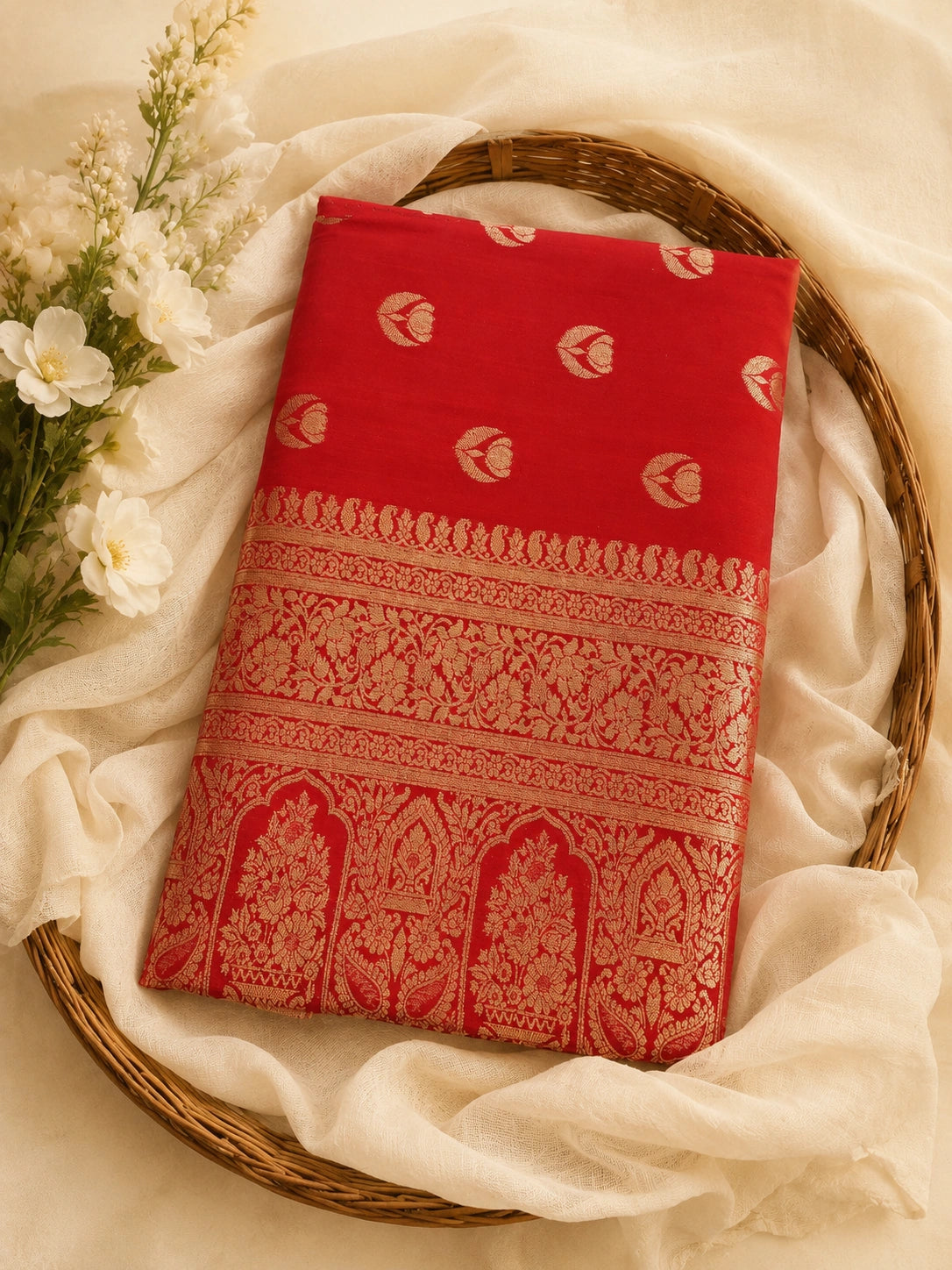 Royal Red Matka Khaddi Banarasi Saree with Zari Woven Border