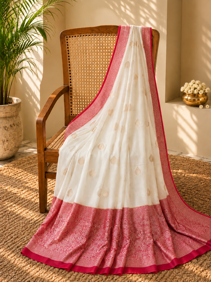 Cream Semi Khaddi Banarasi Saree with Red Floral Zari Border and Buta Motifs