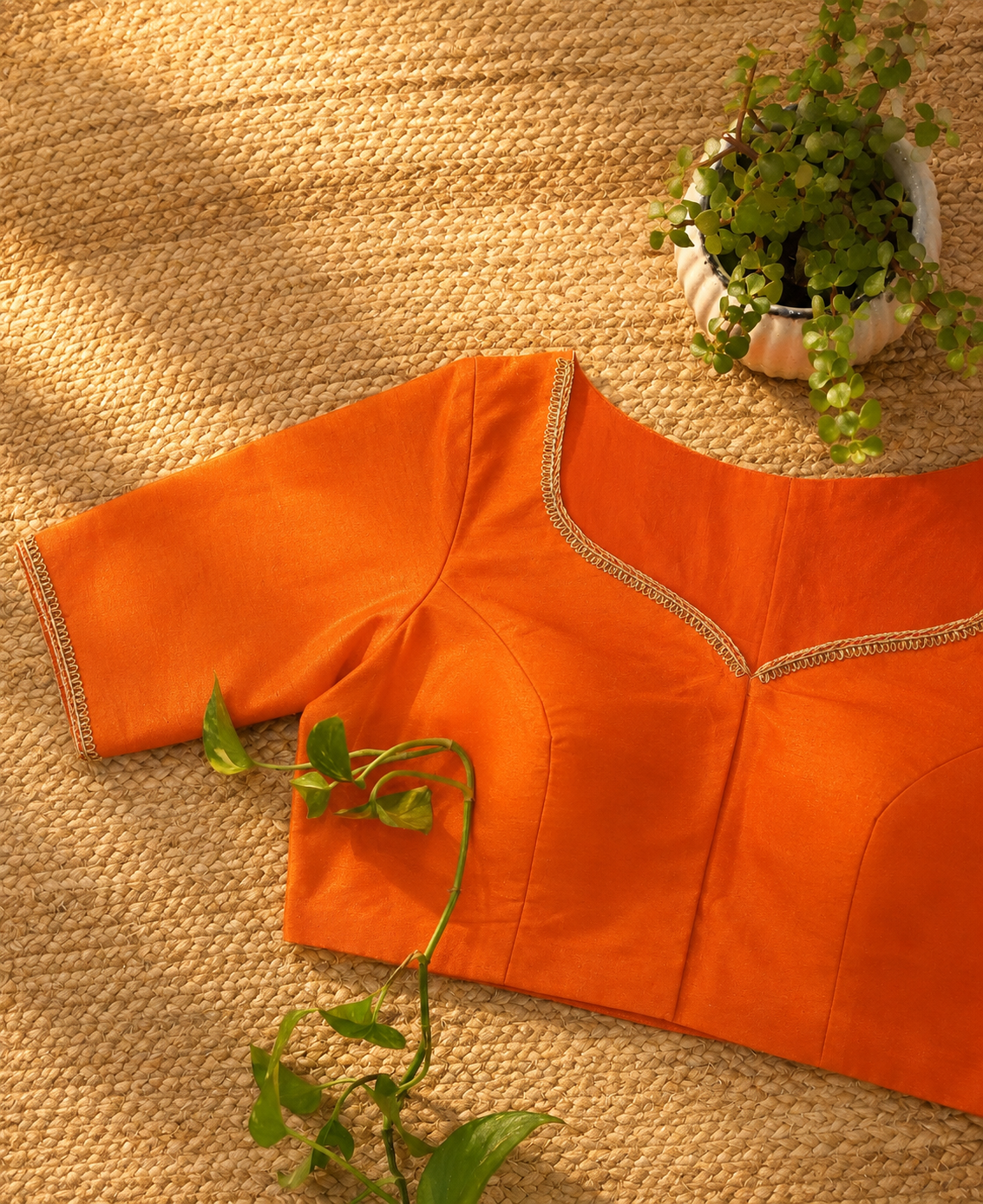 Orange Raw Silk Ari Work Blouse – Designer Embroidered Blouse for Wome