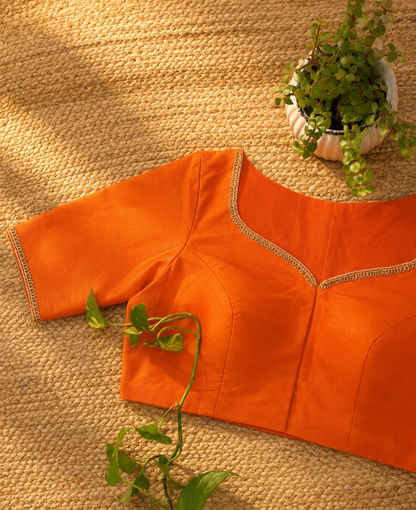 Orange Raw Silk Ari Work Blouse – Designer Embroidered Blouse for Wome