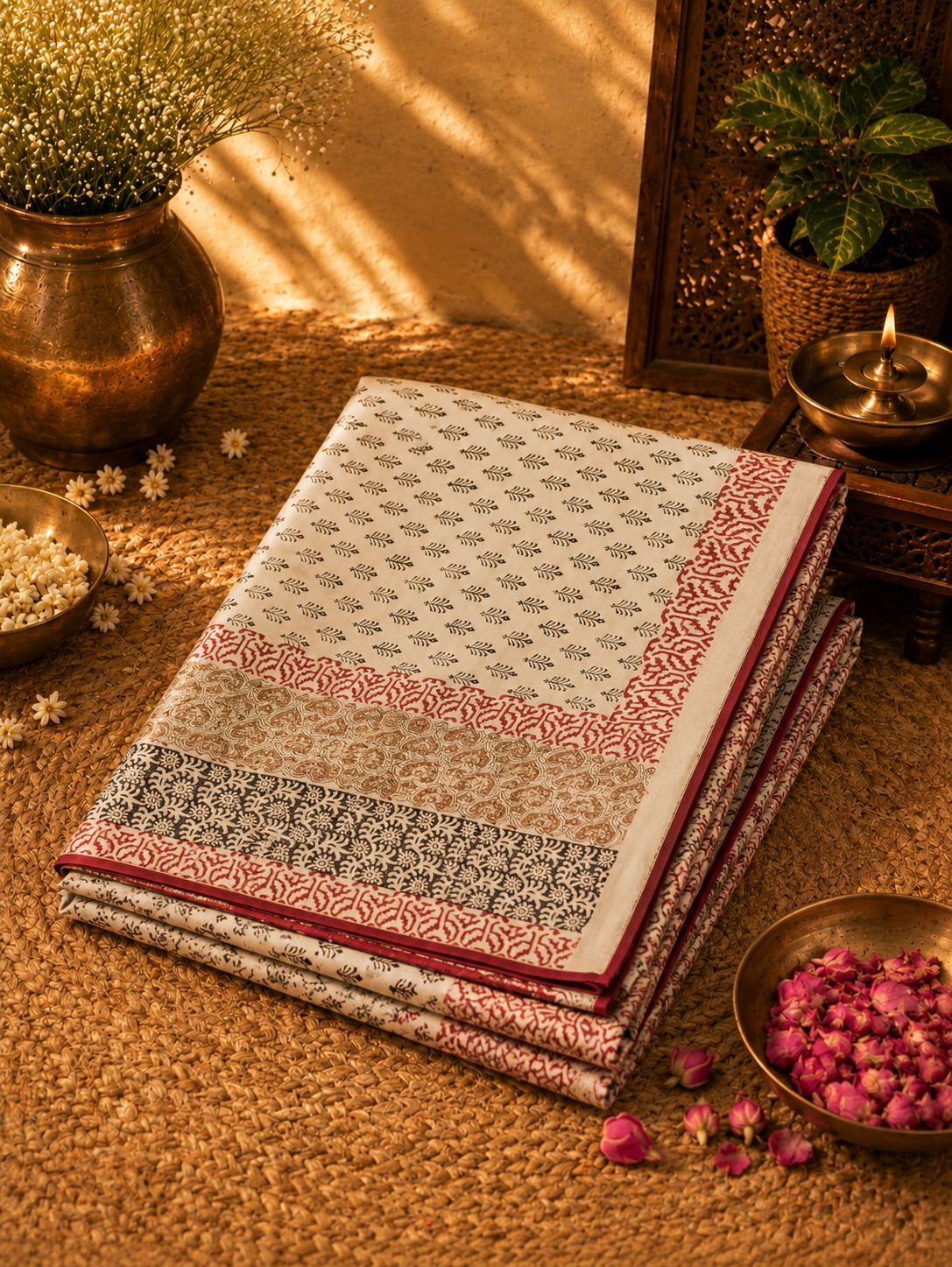 Off White Linen Kalamkari Saree with Red Border and Black Leaf Motifs