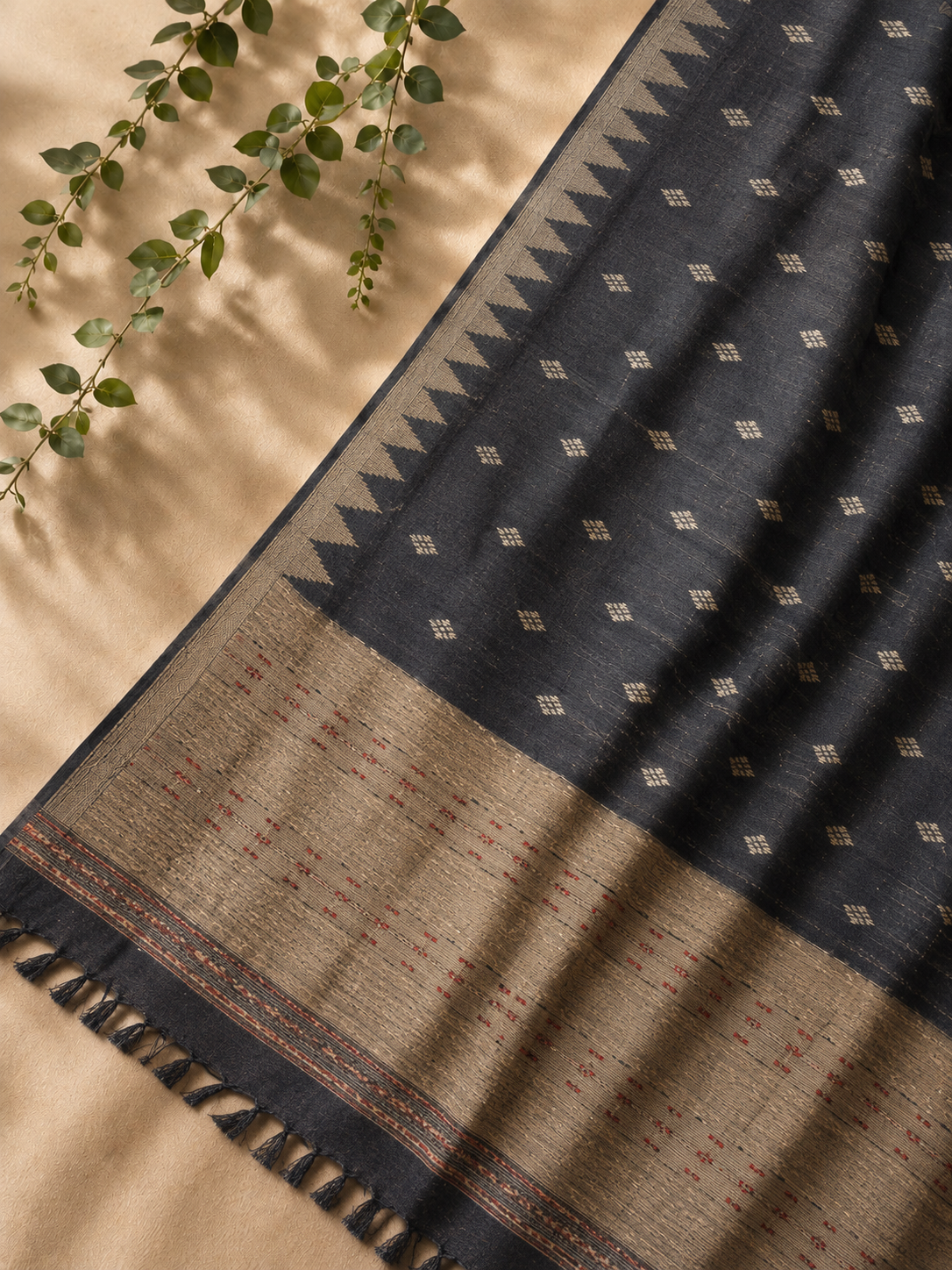Charcoal Blue Tussar Silk Buta Work Saree with Beige Woven Border