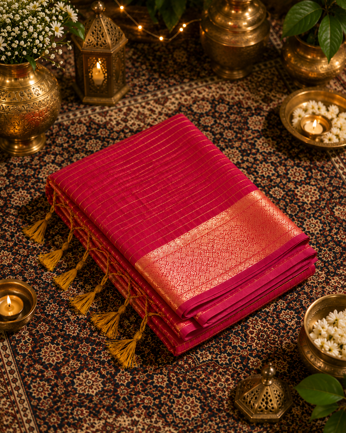Magenta Pink Mangalgiri Check Saree with Gold Zari Border & Traditional Woven Pallu