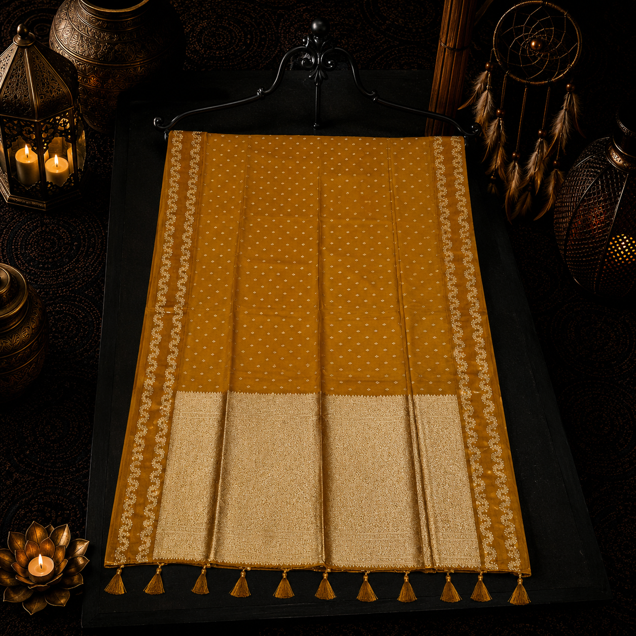Mustard Yellow Satin Mashru Silk Saree with Woven Silver Zari Border & Buti Design  Festive Ethnic Wear