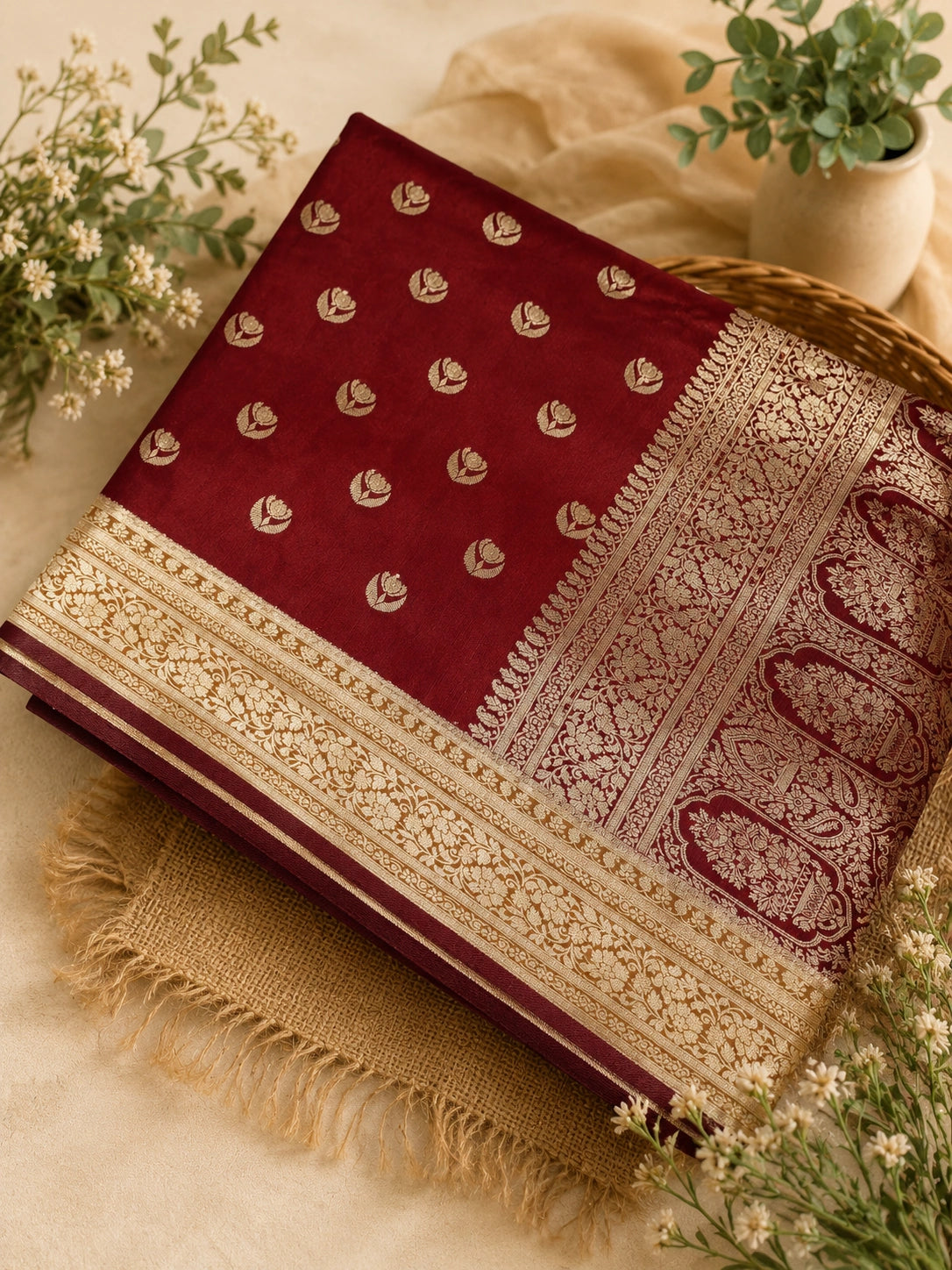 Maroon Matka Khaddi Banarasi Saree with Traditional Zari Weaving