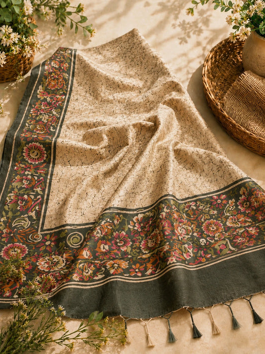 Beige Ghicha Batik Saree with Multicolor Floral Border and Dark Contrast Pallu