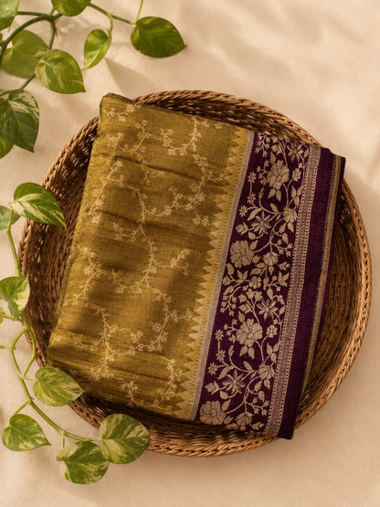 Olive Gold Matka Khaddi Banarasi Saree with Floral Woven Border