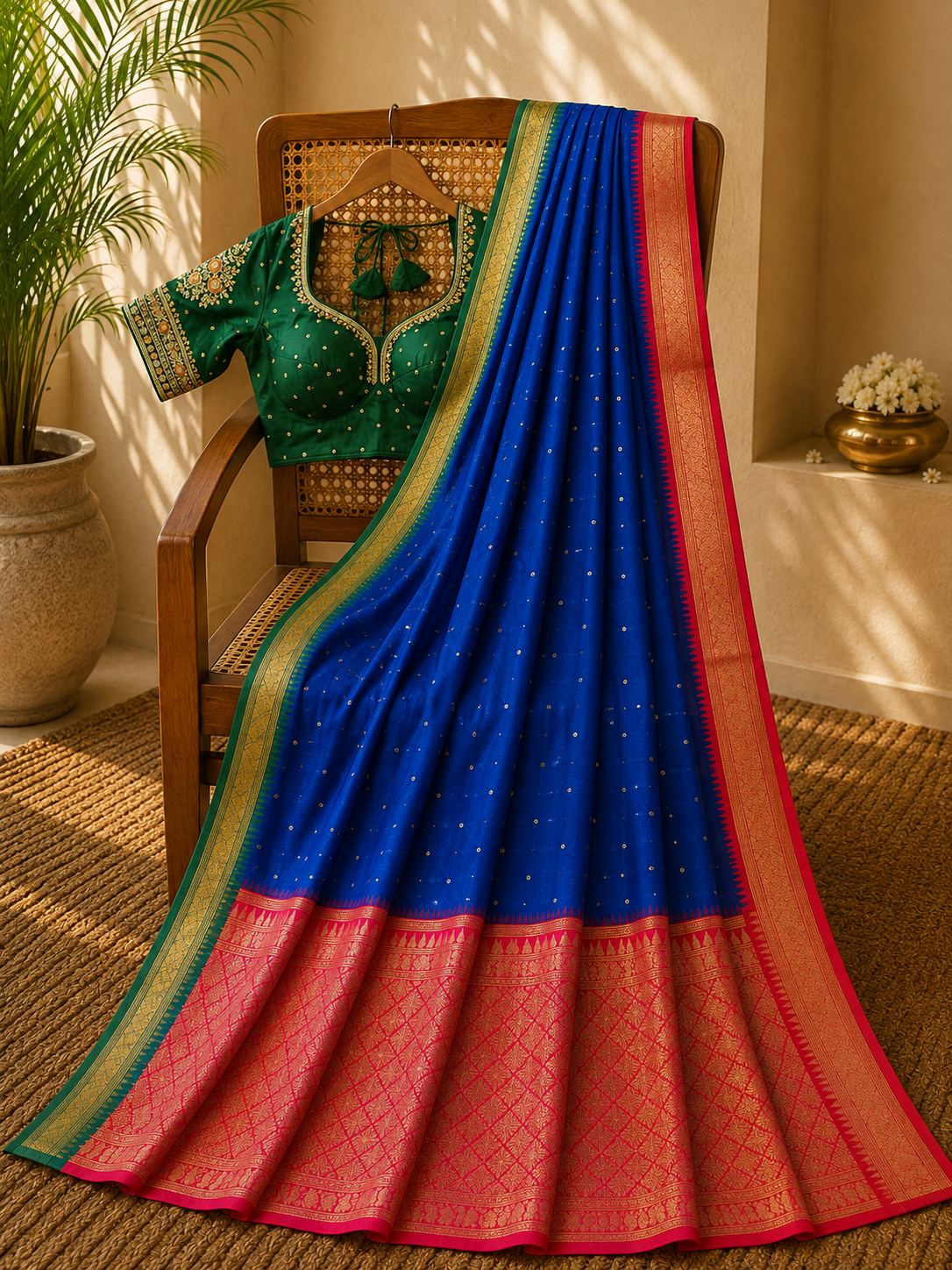 Blue Kadiyal Kanjivaram Silk Saree with Pink Zari Pallu and Green-Gold Border
