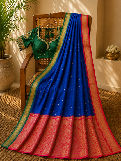 Blue Kadiyal Kanjivaram Silk Saree with Pink Zari Pallu and Green-Gold Border