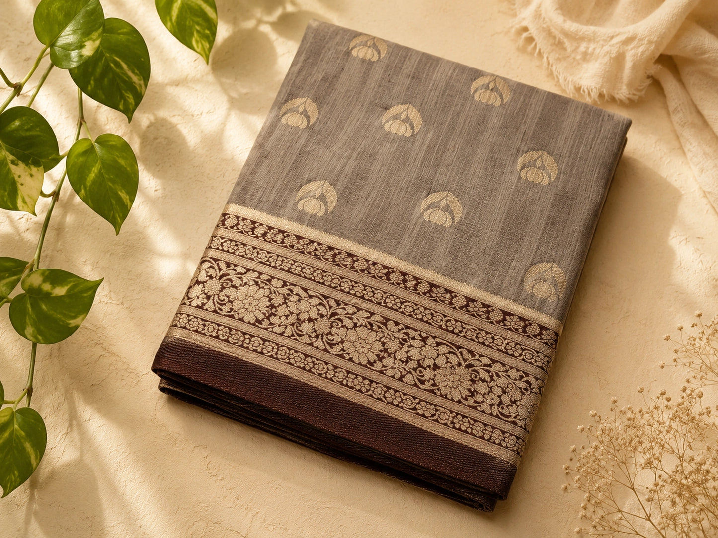 Steel Grey Matka Khaddi Banarasi Saree with Zari Woven Border