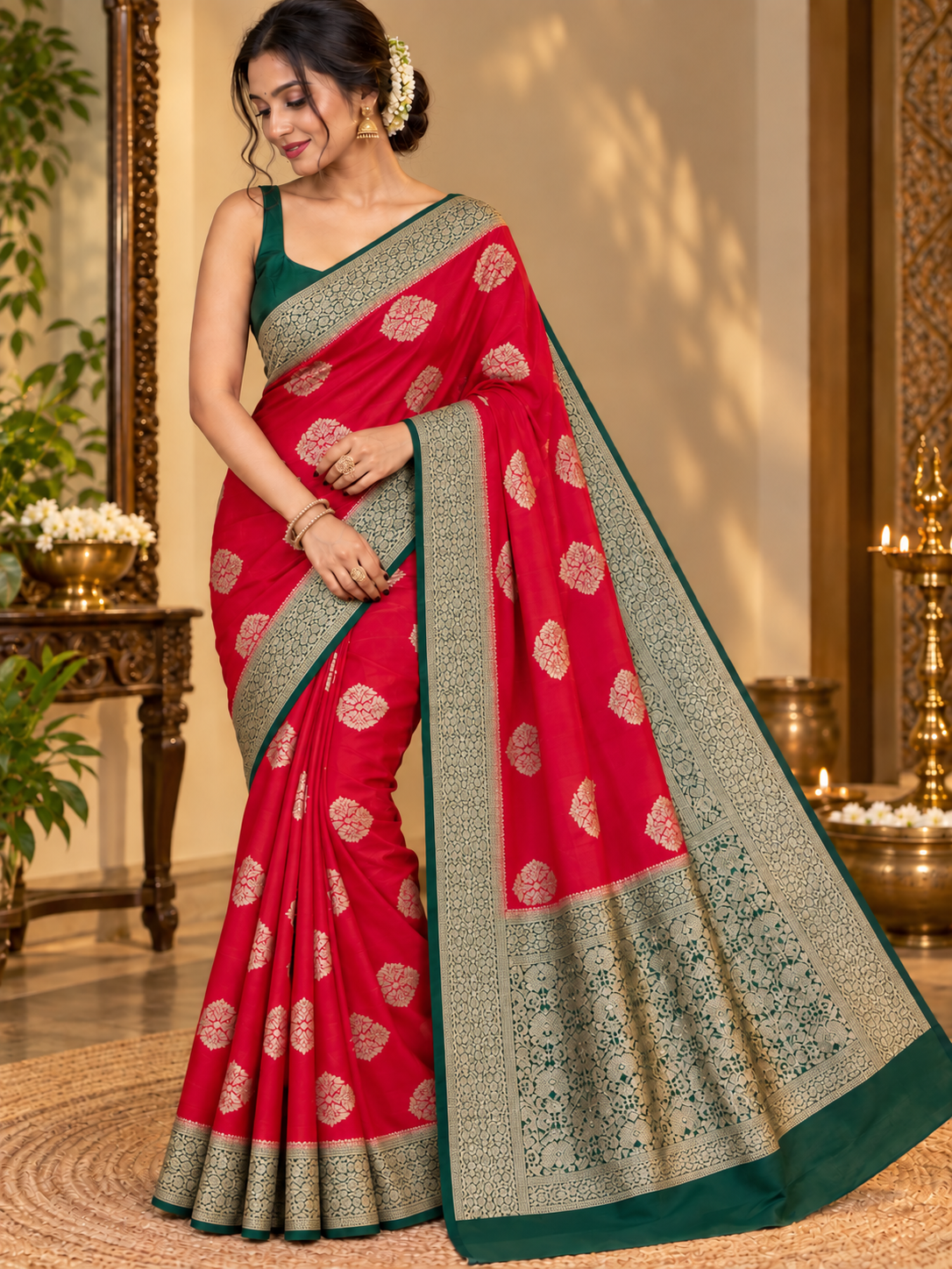 Red & Green Semi Khaddi Banarasi Silk Saree with Gold Floral Buti and Brocade Border