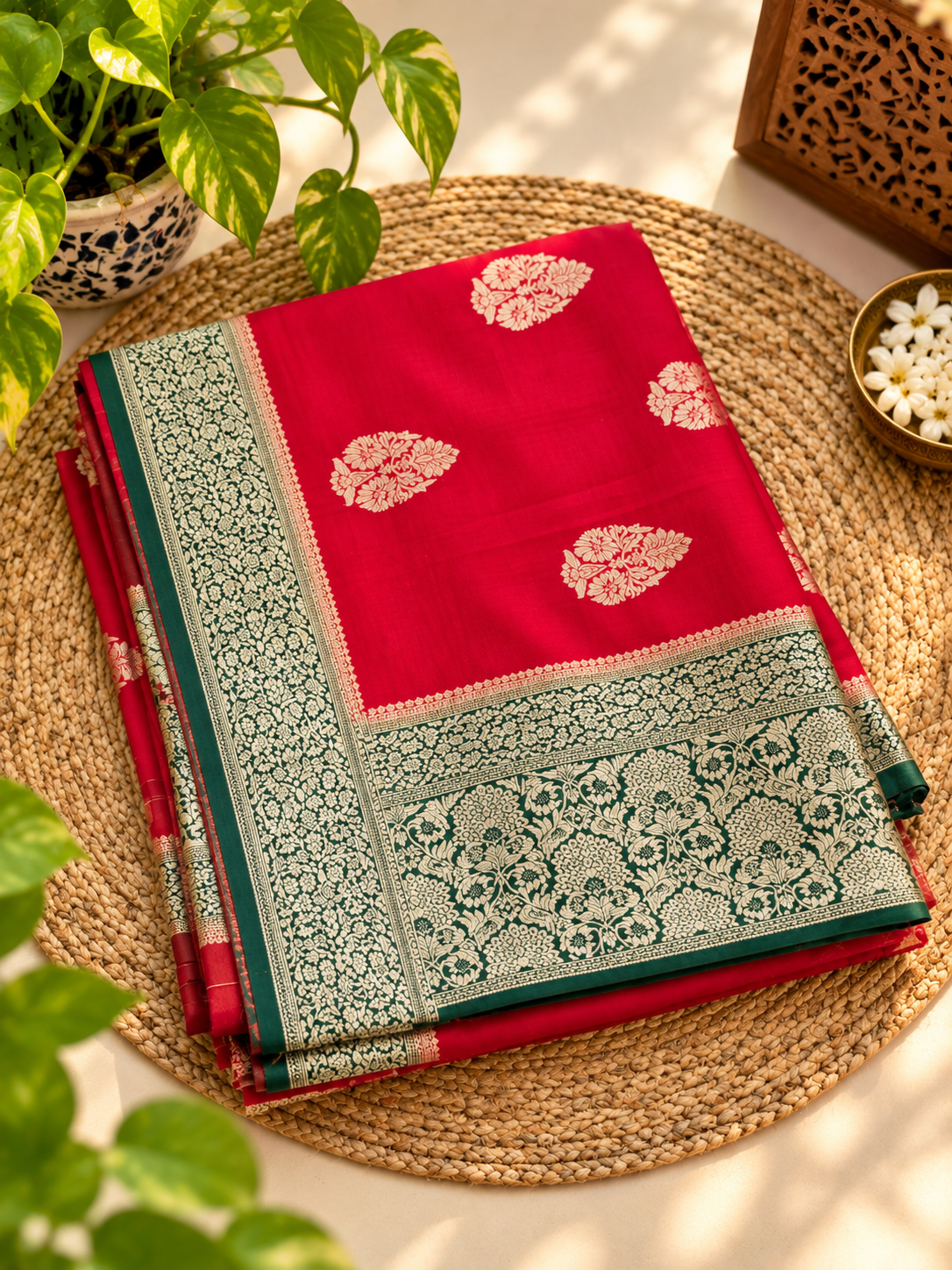 Red & Green Semi Khaddi Banarasi Silk Saree with Gold Floral Buti and Brocade Border