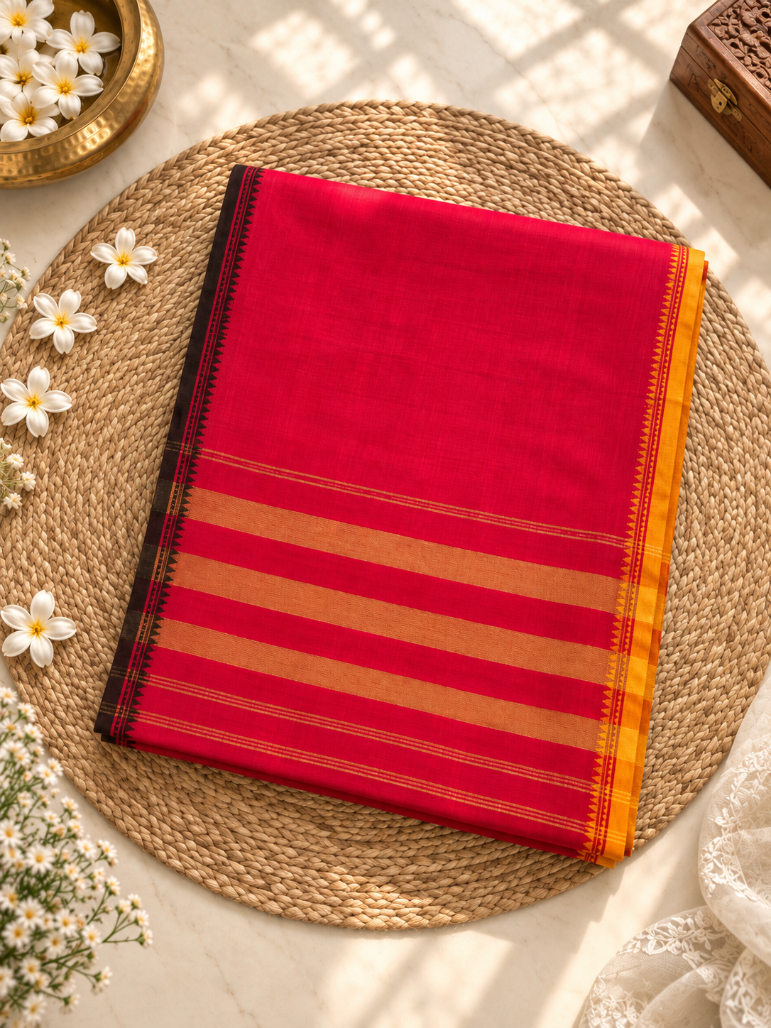 Red Pure Cotton Dhonekhali Saree with yellow Striped Pallu & Black Woven Border