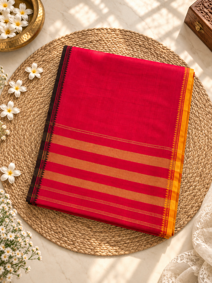 Red Pure Cotton Dhonekhali Saree with yellow Striped Pallu & Black Woven Border