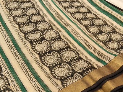 Teal Green Kota Dori Paisley Hand Block Print Saree