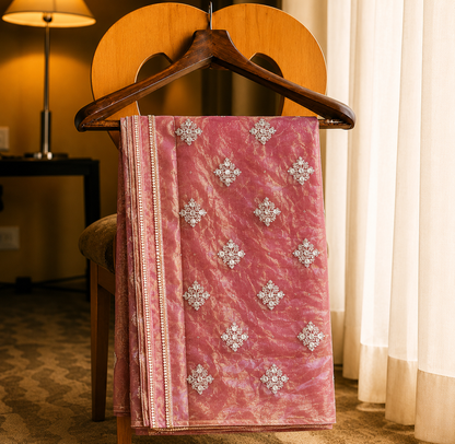 Dusty Rose Fandy Buta Saree with Silver Floral Buti Work and Elegant Border Party Wear Saree