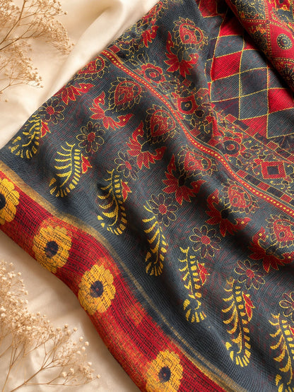 Navy Blue Kota Dori Hand Block Print Saree