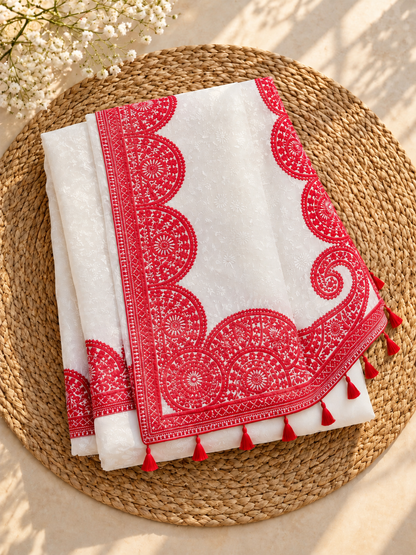 White & Red Soft Georgette Lucknowi Work Saree with Traditional Circular Motifs & Tassel Pallu