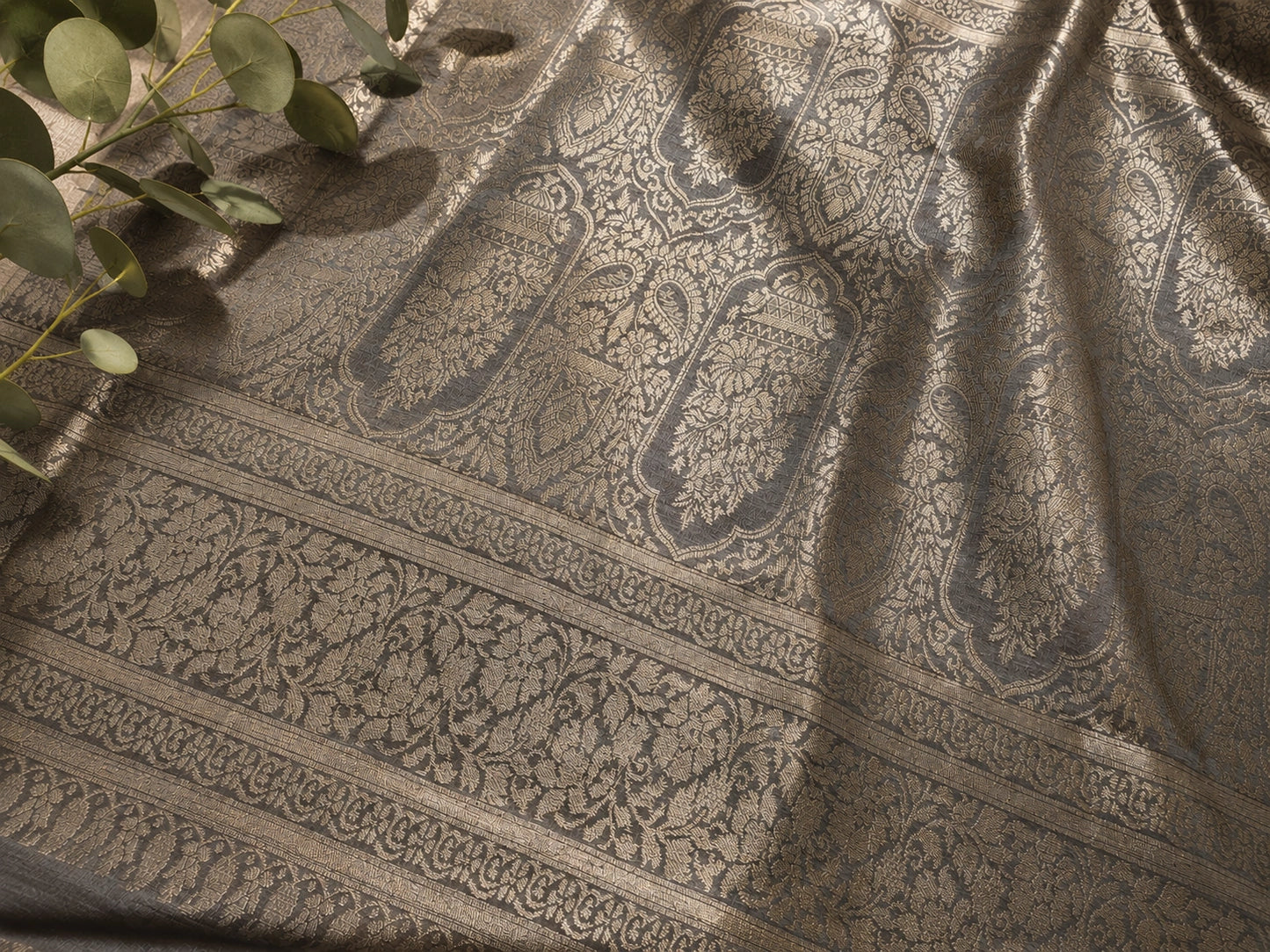 Steel Grey Matka Khaddi Banarasi Saree with Zari Woven Border