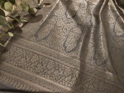 Steel Grey Matka Khaddi Banarasi Saree with Zari Woven Border
