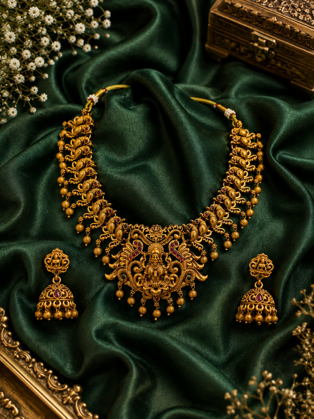 Traditional Gold-Tone Necklace Set with Intricate Temple Motifs and Jhumka Earrings