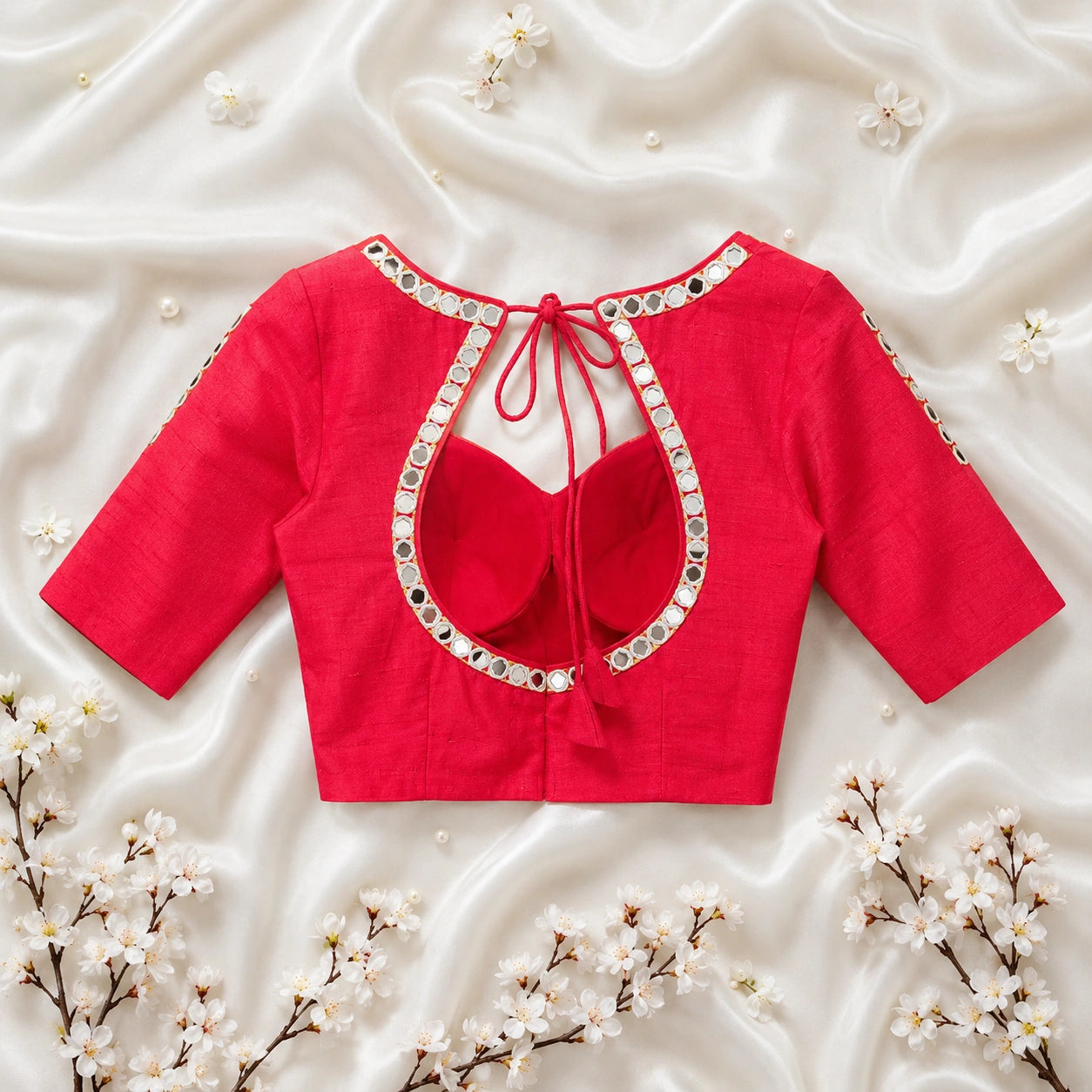 Red Pure Cotton Handwork Mirror Work Blouse with Floral Glass Embroidery & Sweetheart Neck