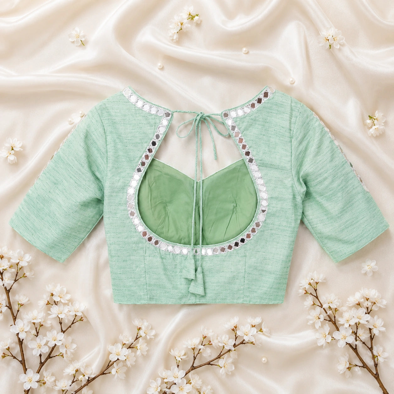 WEVOW Mint Green Pure Cotton Handwork Mirror Glass Embroidered Blouse for Women Festive Ethnic Wear
