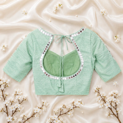 WEVOW Mint Green Pure Cotton Handwork Mirror Glass Embroidered Blouse for Women Festive Ethnic Wear