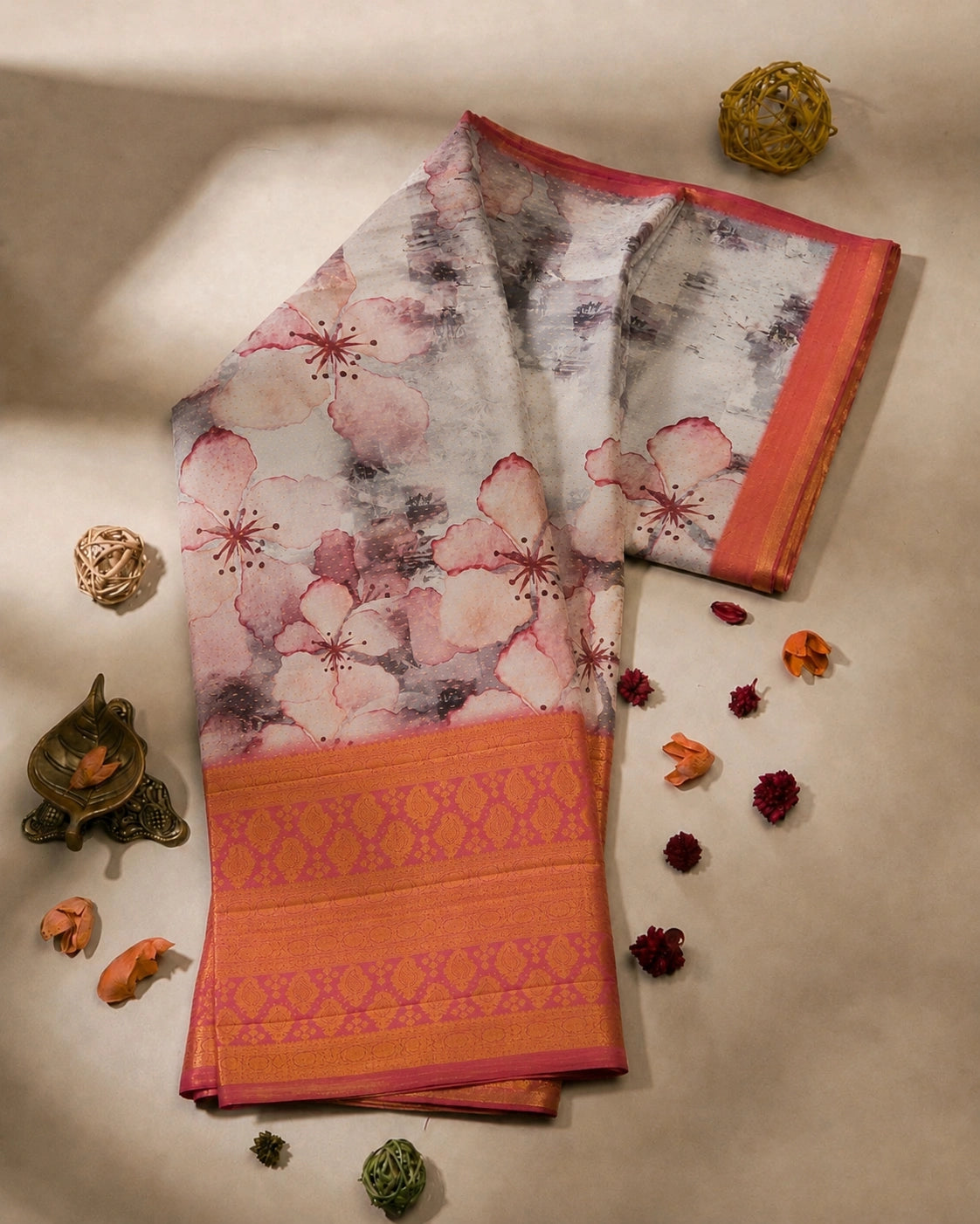 Peach Floral Digital Print Georgette Crepe Silk Saree with Coral Zari Border