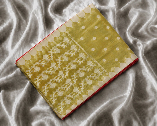 Mustard Yellow Muslin Jamdani Saree with Ivory Geometric Weave and Red Accent Border