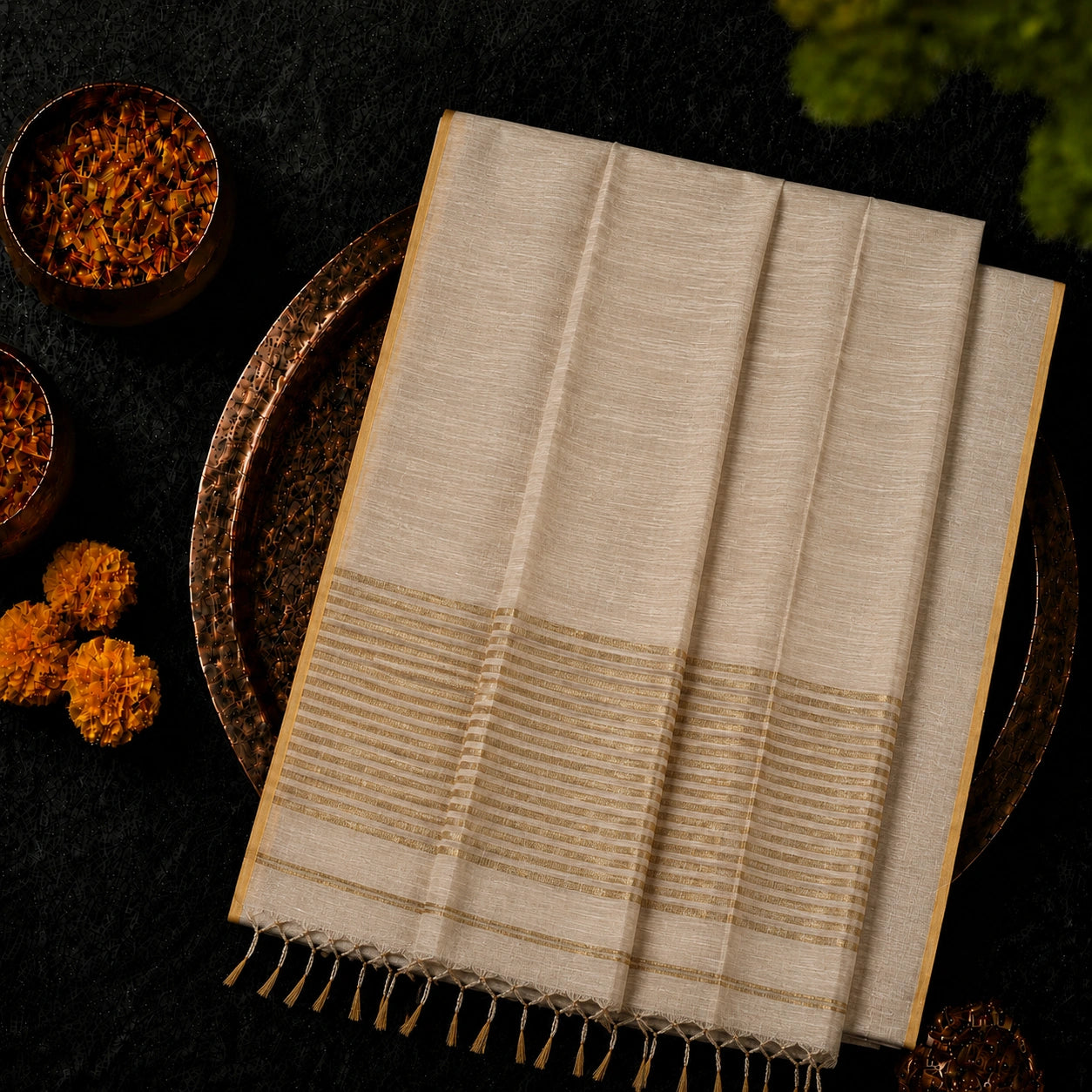 Elegant Beige Linen Zari Saree with Gold Striped Pallu & Subtle Border