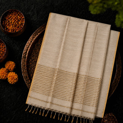 Elegant Beige Linen Zari Saree with Gold Striped Pallu & Subtle Border