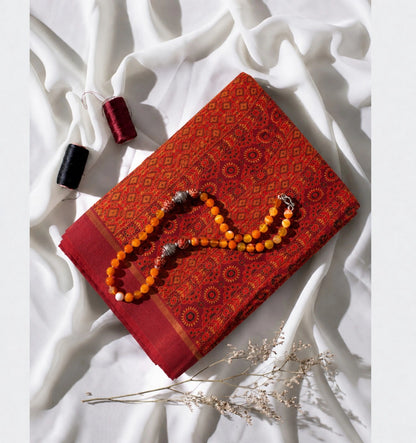 Maroon Kota Doria Hand Block Print Saree with Geometric Diamond Motifs & Traditional Borders (Copy)