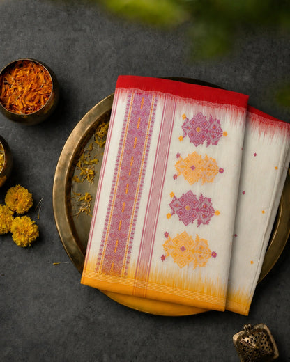 Off White & Mustard Yellow Cotton Jamdani Ganga Jamuna Border Saree with Traditional Woven Motifs