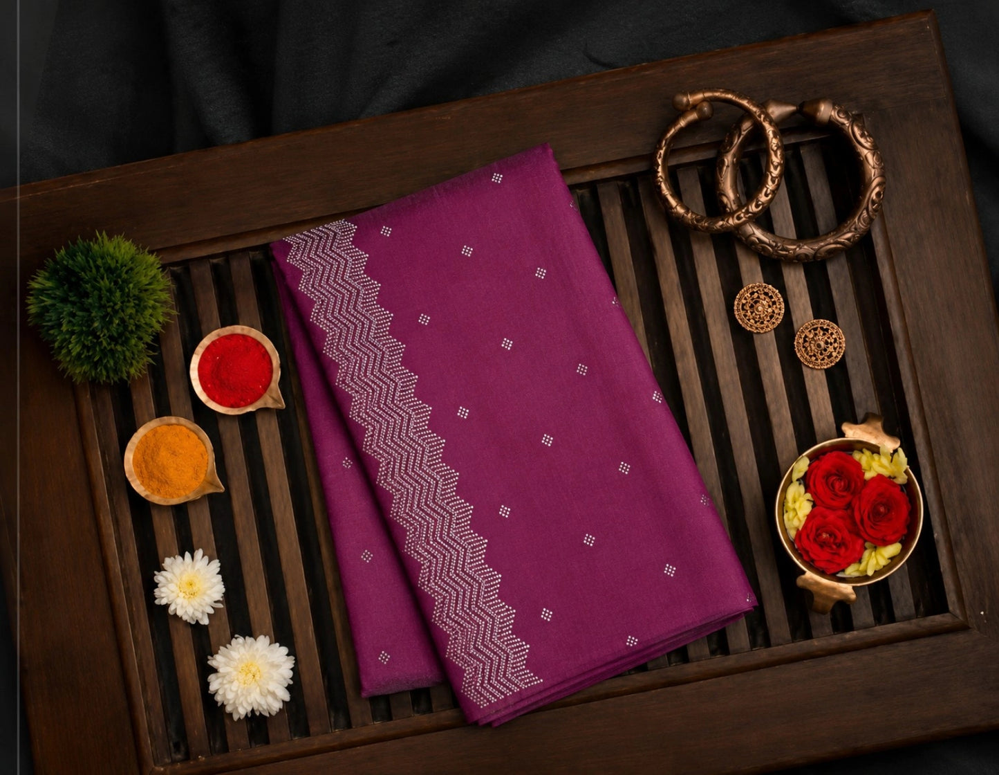 Magenta Fandy Silk Designer Saree with Silver Zigzag Border and Buti Work