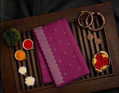 Magenta Fandy Silk Designer Saree with Silver Zigzag Border and Buti Work