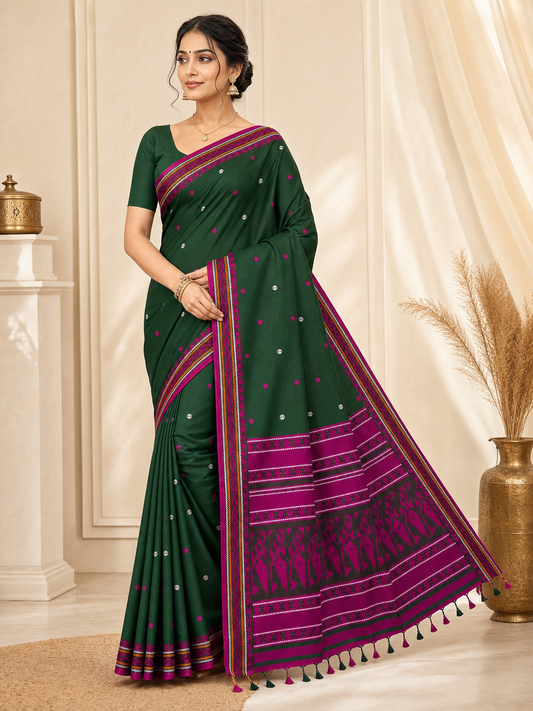 Forest Green Pure Cotton Weaving Saree with Magenta Woven Pallu on model