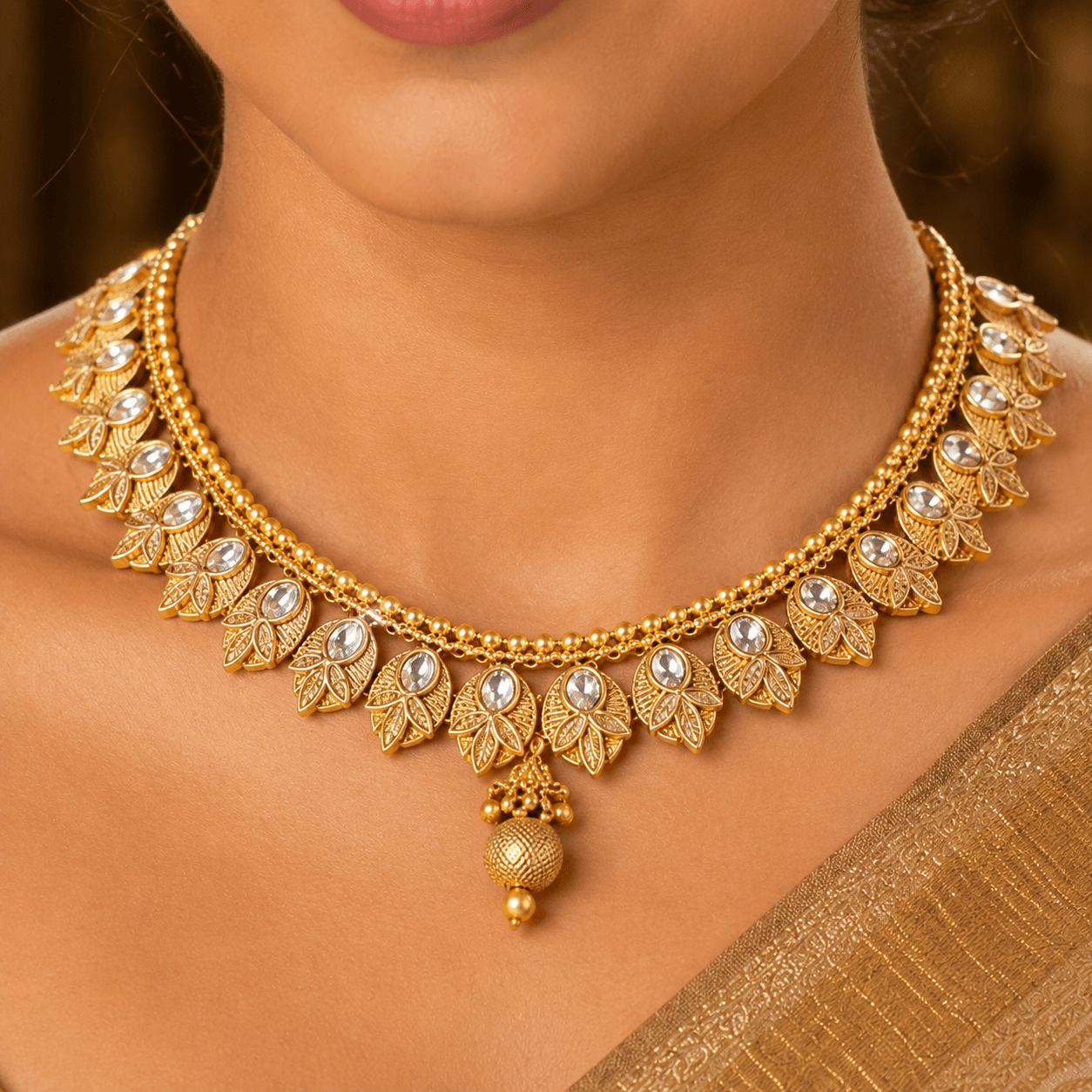 Gold Plated Leaf Design Necklace Set with Jhumka Earrings