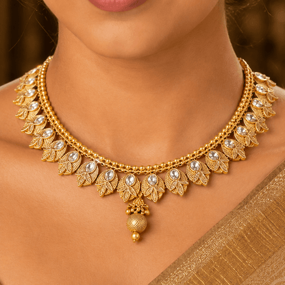Gold Plated Leaf Design Necklace Set with Jhumka Earrings