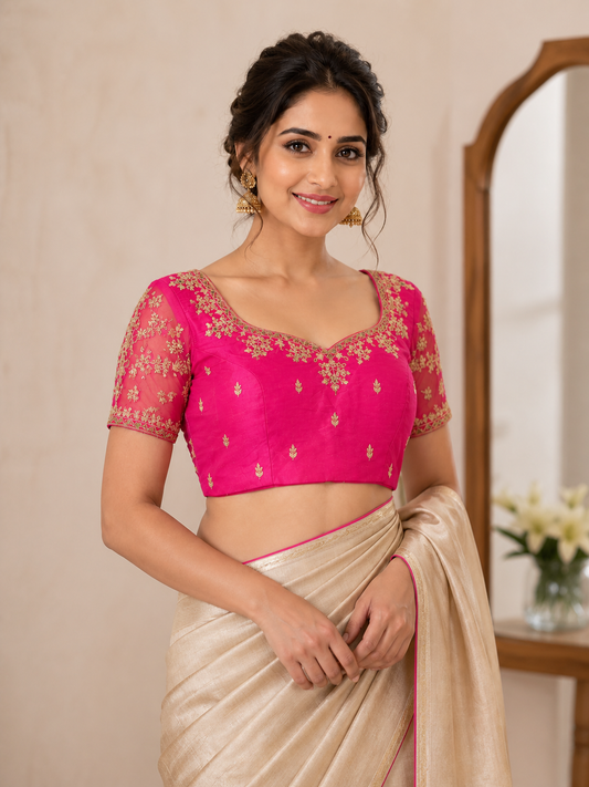 Fuchsia Pink Raw Silk Zardozi Embroidered Blouse with Sheer Net Sleeves on model