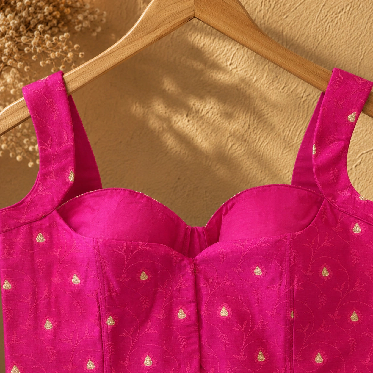 Pink Banarasi Bralette Blouse with Jacket Style Neck Overlay & Gold Zari Woven Motifs