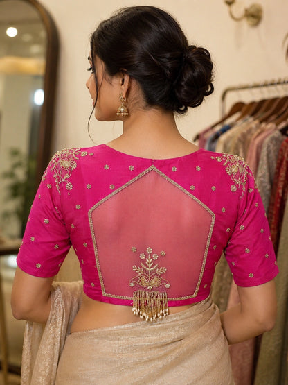 Rani Pink Raw Silk Bridal Ari Work Blouse with Gold Floral Embroidery