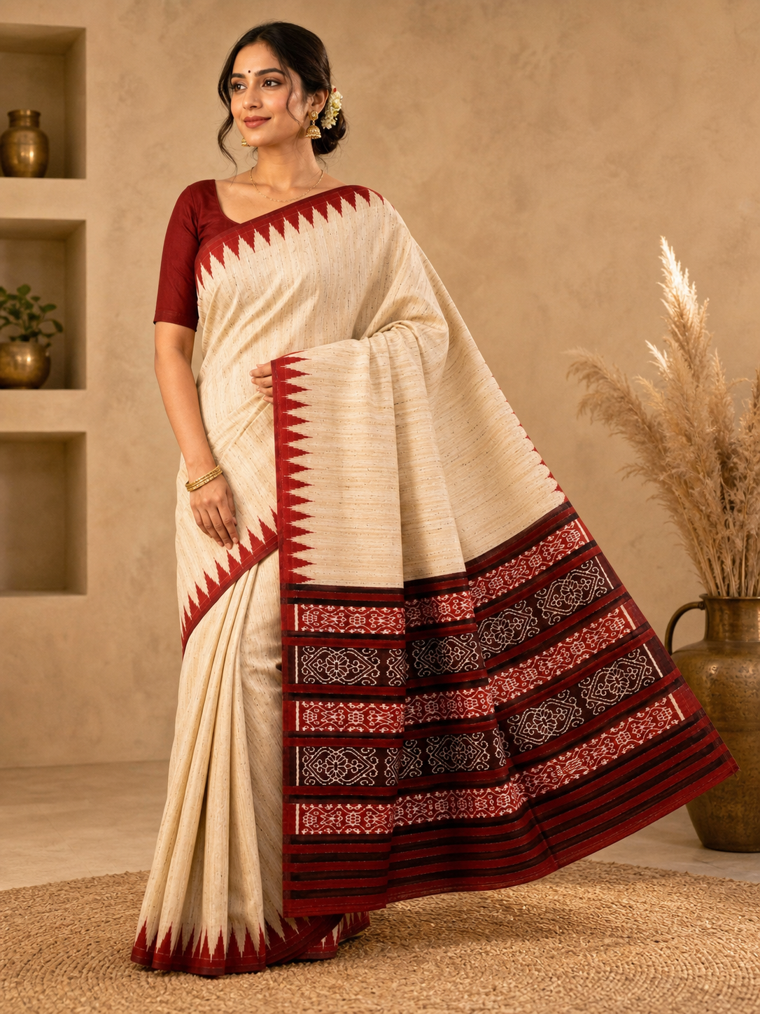 Ghicha Tussar Saree in Natural Beige with Red Black Woven Border on model