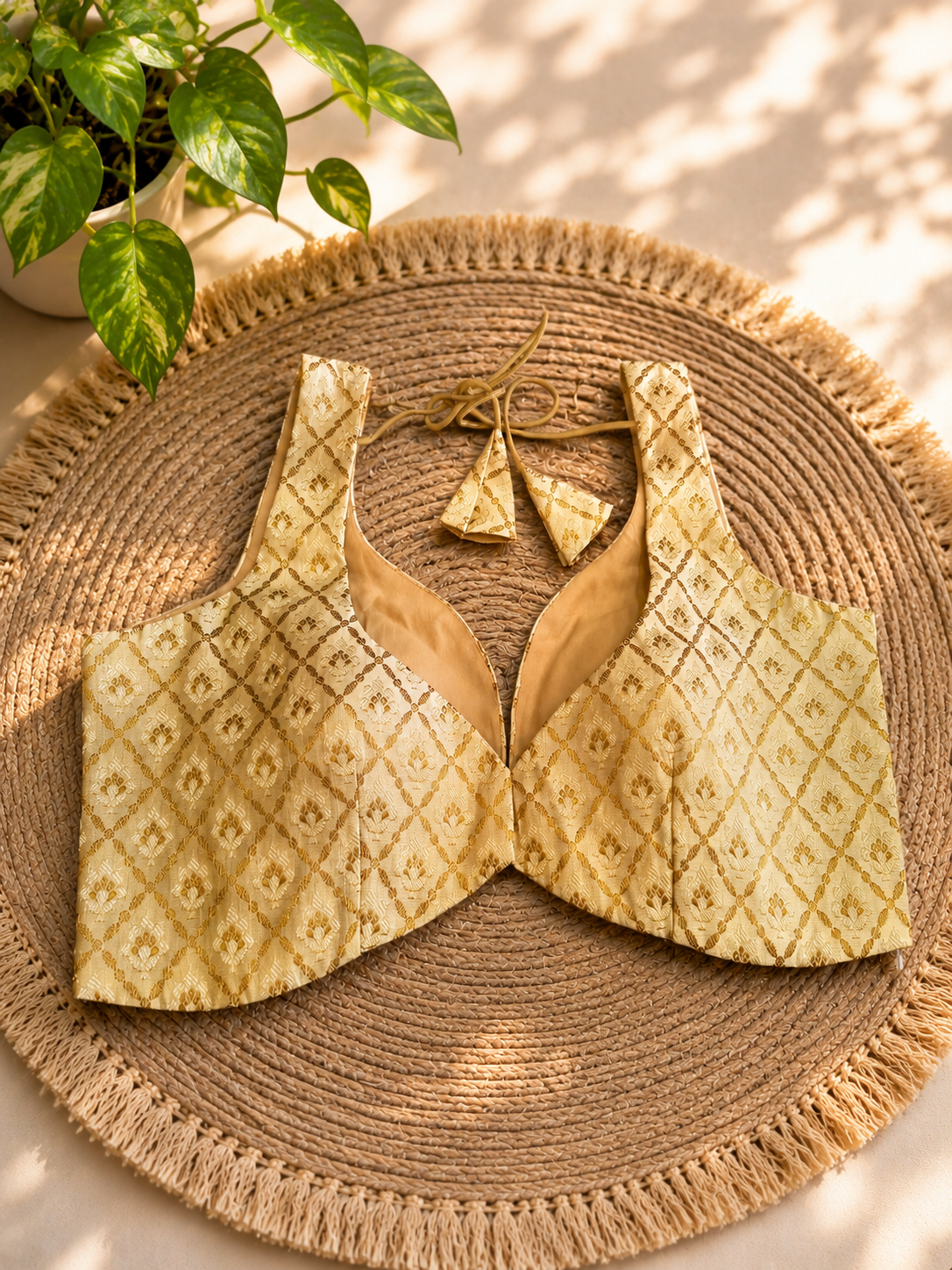 Gold Banarasi Silk Sleeveless Padded Blouse image 2