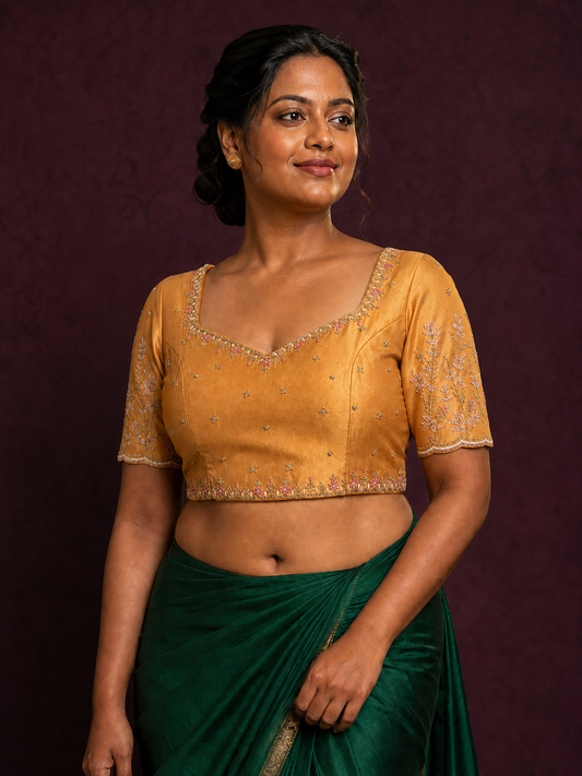 Golden Tissue Ari Work Blouse on Model with Correct Straight Sleeves