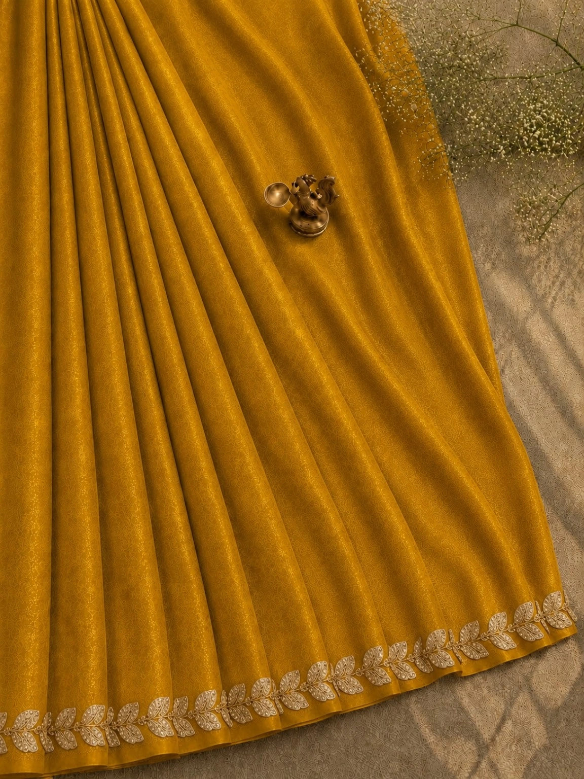 Mustard Yellow Fandy Satin Saree with Floral Lace Border Festive Party Wear Saree