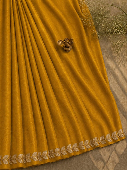 Mustard Yellow Fandy Satin Saree with Floral Lace Border Festive Party Wear Saree
