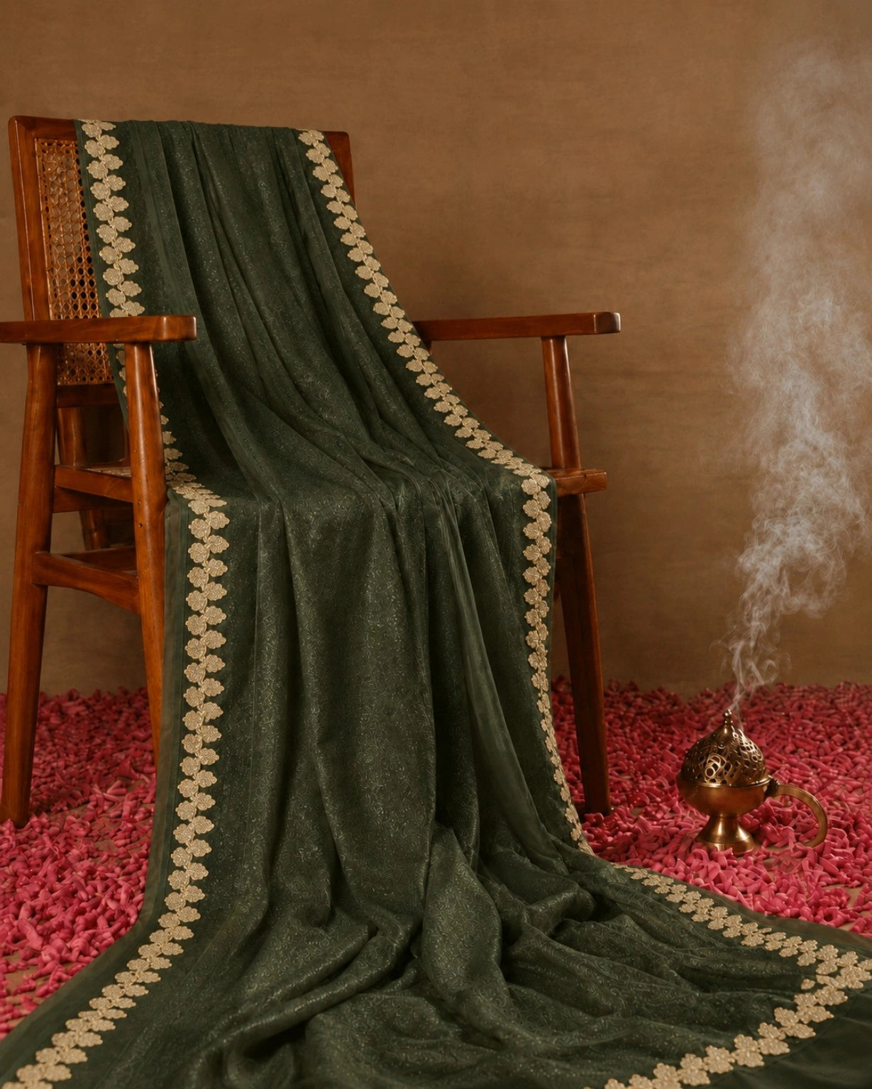 Olive Green Fandy Satin Saree with Floral Lace Border Elegant Festive Wear Saree